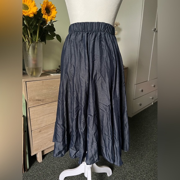 Blue Jean Dark Denim Modest Midi Elastic High-Waist Flare Knee-Length Skirt XS - Picture 4 of 16